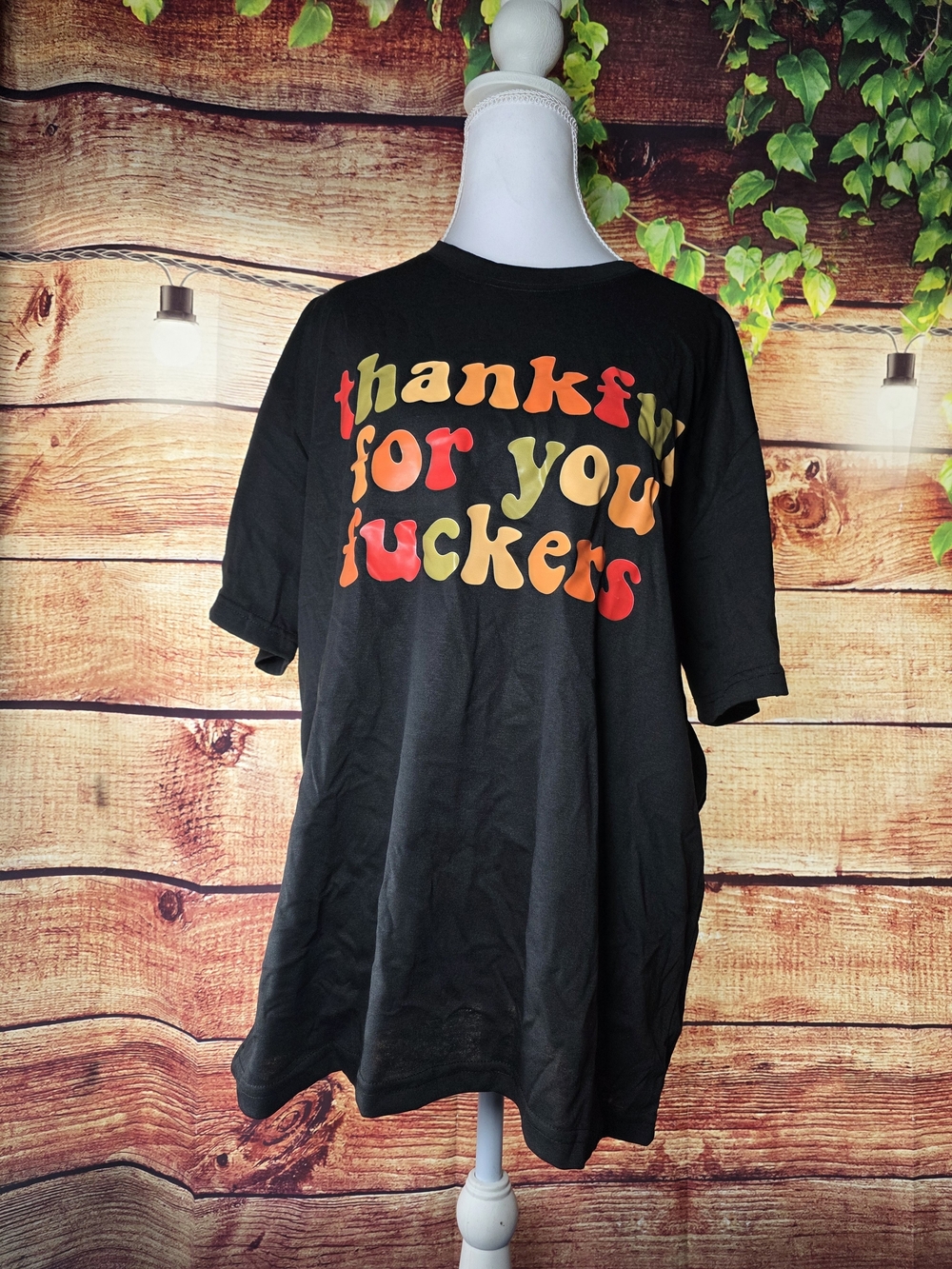 NWOT "Thankful" Graphic Tee with Multicolor Retro Text